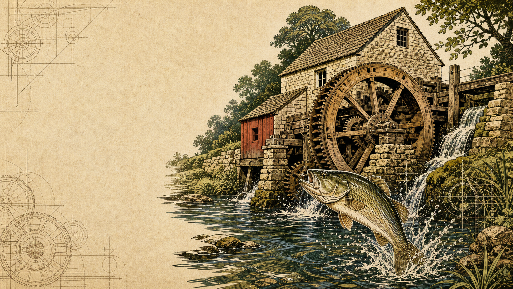 Woodcut bass beside a Cotswold watermill and gear train